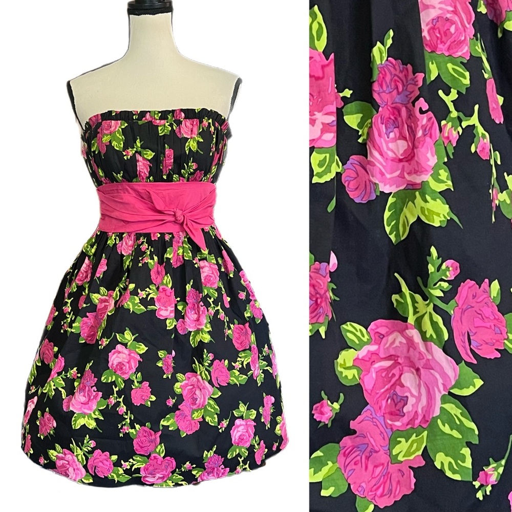 Vintage Betsey Johnson Black Pink Rose Floral Strapless Tea Party Dress